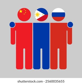 Flat illustration of three human figures with China, Philippines, and Russia flags as heads. Minimalistic design, isolated background.