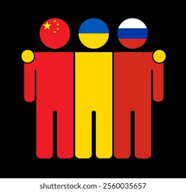 Flat illustration of three human figures with China, Ukraine, and Russia flags as heads. Minimalistic design, isolated background.