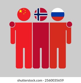 Flat illustration of three human figures with China, Norway, and Russia flags as heads. Minimalistic design, isolated background.