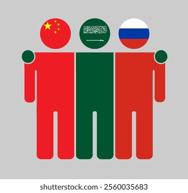 Flat illustration of three human figures with China, Saudi Arabia, and Russia flags as heads. Minimalistic design, isolated background.