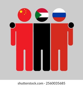 Flat illustration of three human figures with China, Sudan, and Russia flags as heads. Minimalistic design, isolated background.