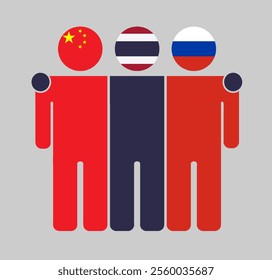 Flat illustration of three human figures with China, Thailand, and Russia flags as heads. Minimalistic design, isolated background.