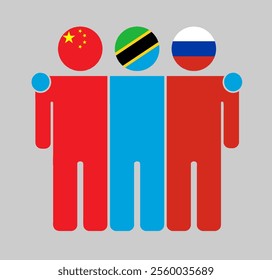 Flat illustration of three human figures with China, Tanzania, and Russia flags as heads. Minimalistic design, isolated background.