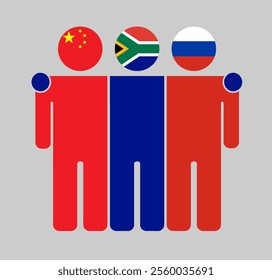 Flat illustration of three human figures with China, South Africa, and Russia flags as heads. Minimalistic design, isolated background.