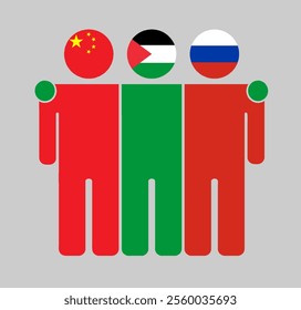 Flat illustration of three human figures with China, Palestine, and Russia flags as heads. Minimalistic design, isolated background.