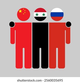 Flat illustration of three human figures with China, Syria, and Russia flags as heads. Minimalistic design, isolated background.