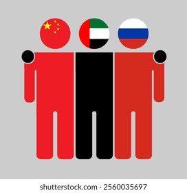 Flat illustration of three human figures with China, UAE, and Russia flags as heads. Minimalistic design, isolated background.