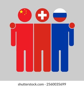 Flat illustration of three human figures with China, Switzerland, and Russia flags as heads. Minimalistic design, isolated background.