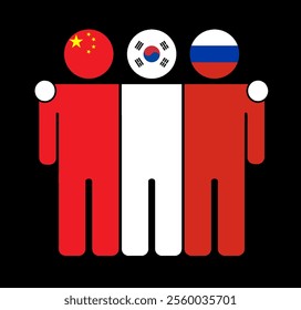 Flat illustration of three human figures with China, South Korea, and Russia flags as heads. Minimalistic design, isolated background.