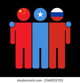 Flat illustration of three human figures with China, Somalia, and Russia flags as heads. Minimalistic design, isolated background.