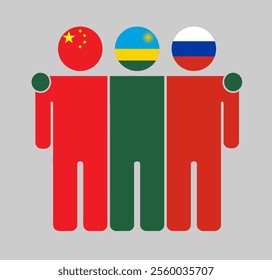 Flat illustration of three human figures with China, Rwanda, and Russia flags as heads. Minimalistic design, isolated background.