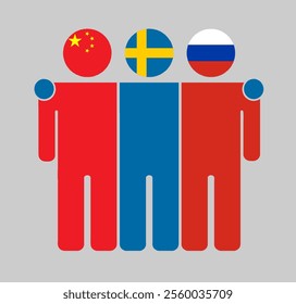 Flat illustration of three human figures with China, Sweden, and Russia flags as heads. Minimalistic design, isolated background.