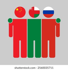 Flat illustration of three human figures with China, Oman, and Russia flags as heads. Minimalistic design, isolated background.