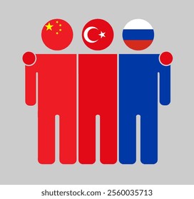 Flat illustration of three human figures with China, Turkey, and Russia flags as heads. Minimalistic design, isolated background.