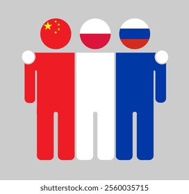 Flat illustration of three human figures with China, Poland, and Russia flags as heads. Minimalistic design, isolated background.