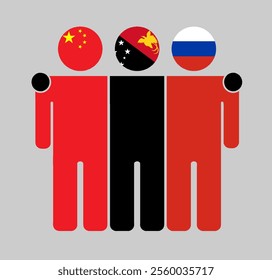 Flat illustration of three human figures with China, Papua New Guinea, and Russia flags as heads. Minimalistic design, isolated background.