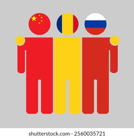 Flat illustration of three human figures with China, Romania, and Russia flags as heads. Minimalistic design, isolated background.