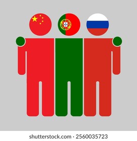 Flat illustration of three human figures with China, Portugal, and Russia flags as heads. Minimalistic design, isolated background.