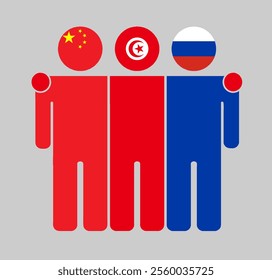 Flat illustration of three human figures with China, Tunisia, and Russia flags as heads. Minimalistic design, isolated background.