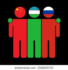 Flat illustration of three human figures with China, Uzbekistan, and Russia flags as heads. Minimalistic design, isolated background.