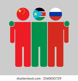 Flat illustration of three human figures with China, South Sudan, and Russia flags as heads. Minimalistic design, isolated background.