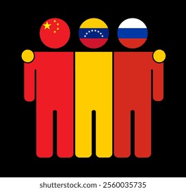 Flat illustration of three human figures with China, Venezuela, and Russia flags as heads. Minimalistic design, isolated background.