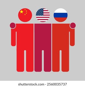 Flat illustration of three human figures with China, USA, and Russia flags as heads. Minimalistic design, isolated background.