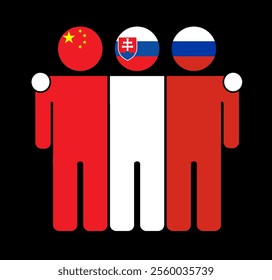 Flat illustration of three human figures with China, Slovakia, and Russia flags as heads. Minimalistic design, isolated background.