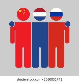 Flat illustration of three human figures with China, Netherlands, and Russia flags as heads. Minimalistic design, isolated background.