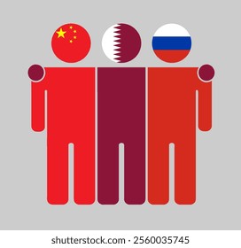 Flat illustration of three human figures with China, Qatar, and Russia flags as heads. Minimalistic design, isolated background.