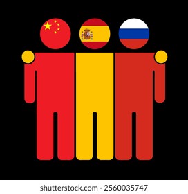 Flat illustration of three human figures with China, Spain, and Russia flags as heads. Minimalistic design, isolated background.