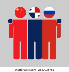 Flat illustration of three human figures with China, Panama, and Russia flags as heads. Minimalistic design, isolated background.