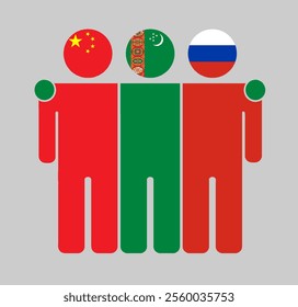 Flat illustration of three human figures with China, Turkmenistan, and Russia flags as heads. Minimalistic design, isolated background.