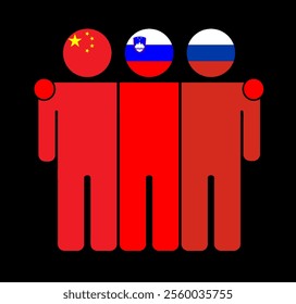 Flat illustration of three human figures with China, Slovenia, and Russia flags as heads. Minimalistic design, isolated background.