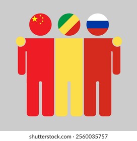 Flat illustration of three human figures with China, Republic of the Congo, and Russia flags as heads. Minimalistic design, isolated background.