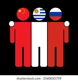 Flat illustration of three human figures with China, Uruguay, and Russia flags as heads. Minimalistic design, isolated background.