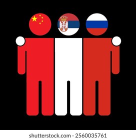 Flat illustration of three human figures with China, Serbia, and Russia flags as heads. Minimalistic design, isolated background.