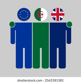 Flat illustration of three human figures with EU, Algeria, and UK flags as heads. Minimalistic design, isolated background.