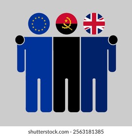 Flat illustration of three human figures with EU, Angola, and UK flags as heads. Minimalistic design, isolated background.