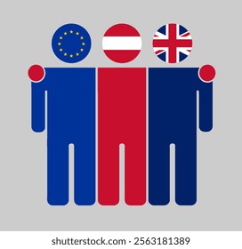 Flat illustration of three human figures with EU, Austria, and UK flags as heads. Minimalistic design, isolated background.