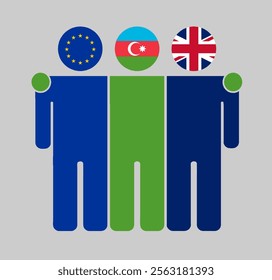 Flat illustration of three human figures with EU, Azerbaijan, and UK flags as heads. Minimalistic design, isolated background.