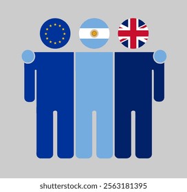 Flat illustration of three human figures with EU, Argentina, and UK flags as heads. Minimalistic design, isolated background.