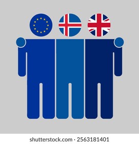 Flat illustration three human figures with EU, Iceland, and UK flags as heads. Minimalistic design, isolated background.