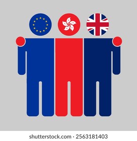 Flat illustration three human figures with EU, Hong Kong, and UK flags as heads. Minimalistic design, isolated background.