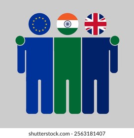 Flat illustration three human figures with EU, India, and UK flags as heads. Minimalistic design, isolated background.