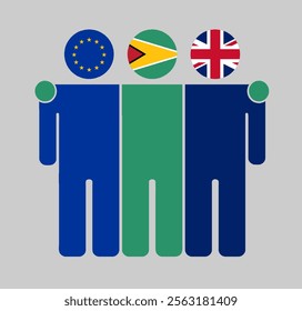 Flat illustration three human figures with EU, Guyana, and UK flags as heads. Minimalistic design, isolated background.