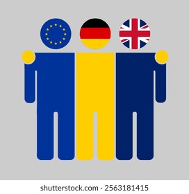 Flat illustration three human figures with EU, Germany, and UK flags as heads. Minimalistic design, isolated background.