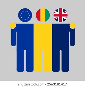 Flat illustration three human figures with EU, Guinea, and UK flags as heads. Minimalistic design, isolated background.