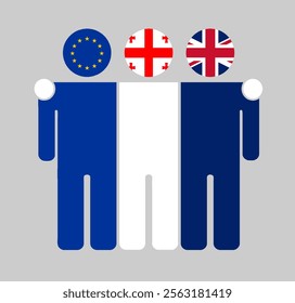 Flat illustration three human figures with EU, Georgia, and UK flags as heads. Minimalistic design, isolated background.