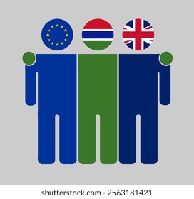 Flat illustration three human figures with EU, Gambia, and UK flags as heads. Minimalistic design, isolated background.